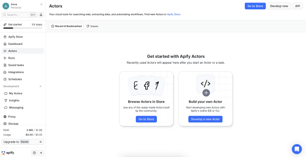 Apify setup, Open the Actors section in Apify