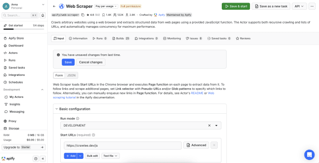 Apify setup, Choose Web Scraper from Apify Store