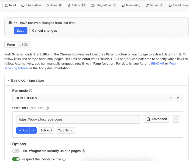 Apify setup, Add the example website