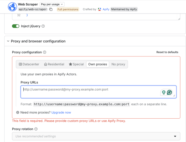 Apify setup, Open the proxy configuration