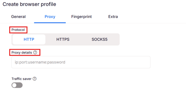 Multilogin setup, Select protocol and enter proxy details
