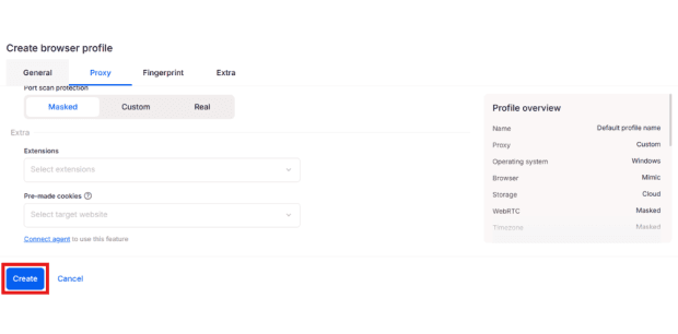 Multilogin setup, Create the profile