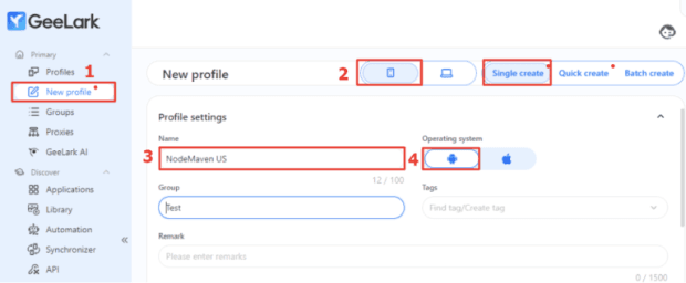 GeeLark setup, Create a new profile