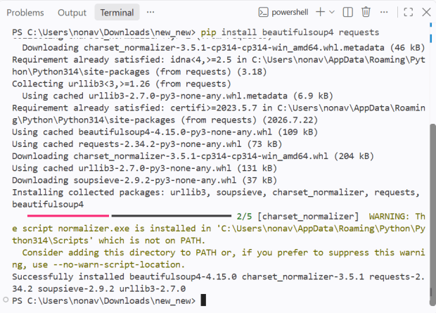BeautifulSoup setup, Install BeautifulSoup and Requests