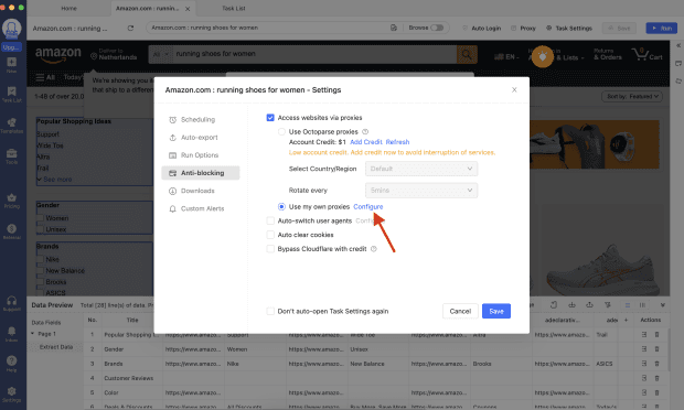 Octoparse setup, Open the Octoparse proxy settings