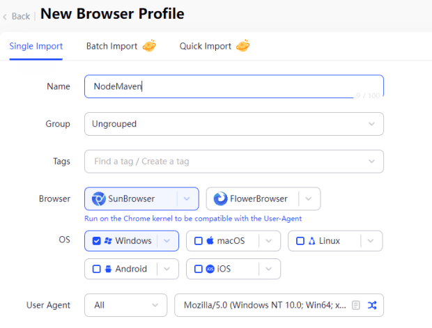 AdsPower setup, Create a new browser profile