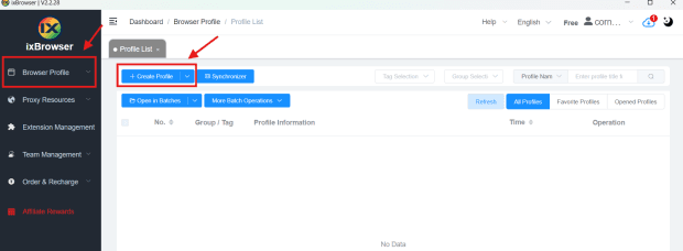 ixBrowser setup, Create a profile in ixBrowser