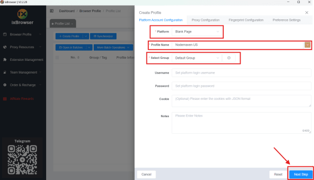 ixBrowser setup, Open proxy configuration